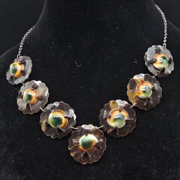 Vintage Operculum Cat Eye Shell Jewelry Set Necklace Bracelet Brown Green - Picture 4 of 12